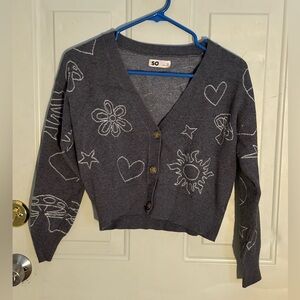 SO Charcoal Gray V-Neck Button-Front Cardigan with White Doodle Motifs